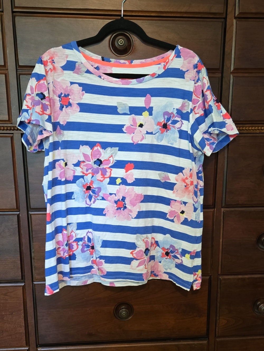 Joules Nessa Print Floral Stripe Tee - Blue and Pink Top. Size 14.